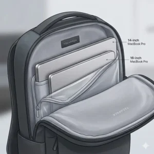 Illustration showing the fit for both 14-inch and 16-inch models in a protective macbook pro backpack sleeve.
