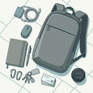 Flat lay of a minimal laptop backpack with tech accessories and everyday carry items.
