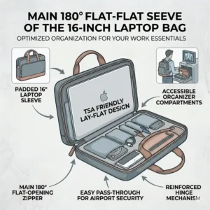 Illustration of the TSA-friendly 180-degree lay-flat opening mechanism found in travel-ready 16 inch laptop bags.