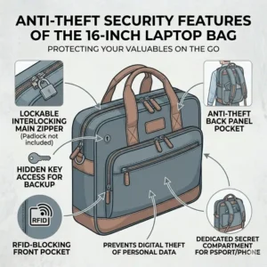 Security-focused illustration showing the anti-theft zippers and RFID-blocking pockets of 16 inch laptop bags.