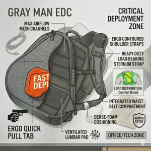 Thickly padded shoulder straps and mesh back panel on a heavy-duty concealed carry backpack for comfortable weight distribution.