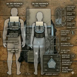 A sizing chart illustrating how a 20-liter edc backpack fits on a person's back compared to a 30-liter bag.