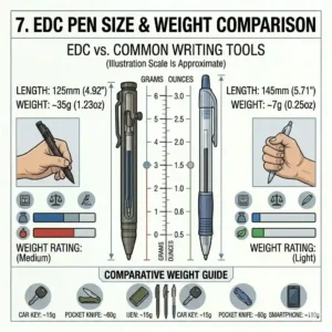An infographic illustrating the compact dimensions and lightweight nature of an EDC pen next to a standard plastic office pen.
