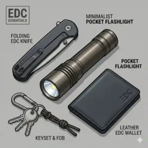 A flat lay photography showing a minimalist pocket flashlight as part of an EDC essentials kit.