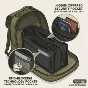 Diagram showing how a backpack organizer centers weight against the back to improve posture and comfort.