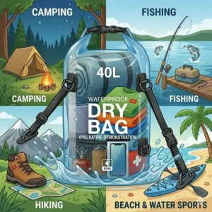 Infographic showing the 40l dry bag being used for camping, fishing, and hiking.