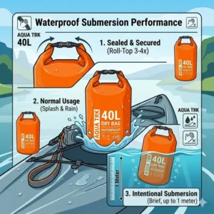 A three-stage diagram illustrating the brief submersion test of the orange 40 liter dry bag.