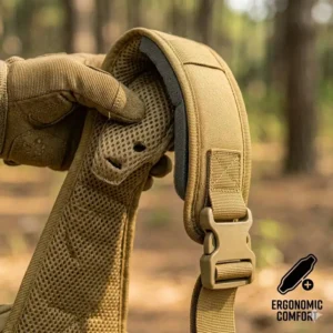 The thick, breathable padded shoulder strap and quick-release buckle of an ergonomic tactical sling bag.