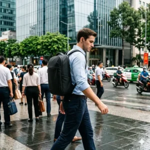 A stylish urban macbook pro backpack worn by a professional walking through a city environment.