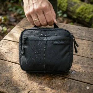 Water droplets beading up on the surface of a weather resistant x-pac fabric edc pouch during outdoor use.