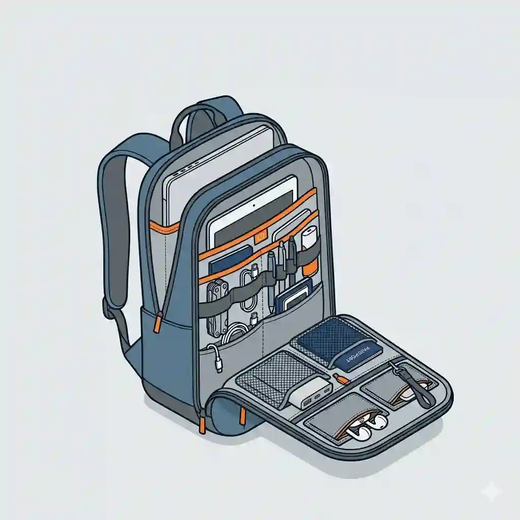 A flat lay display of the best edc backpack surrounded by everyday carry essentials including a laptop, water bottle, pocket knife, and tech pouch.