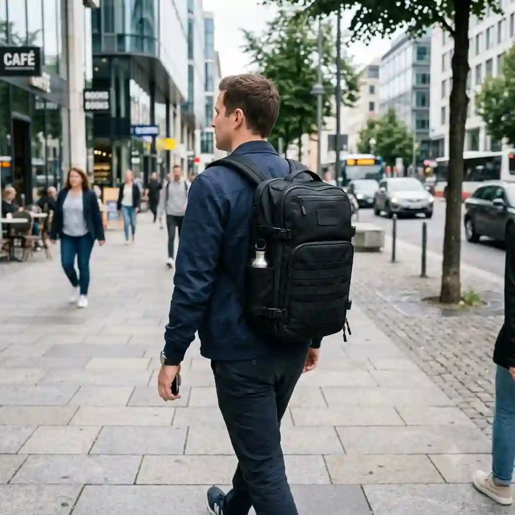 A person wearing a sleek black edc carry backpack while walking down a bustling city sidewalk.