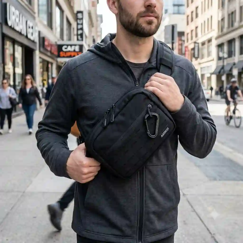 A person wearing a black minimalist edc sling bag across the chest while walking through a city.