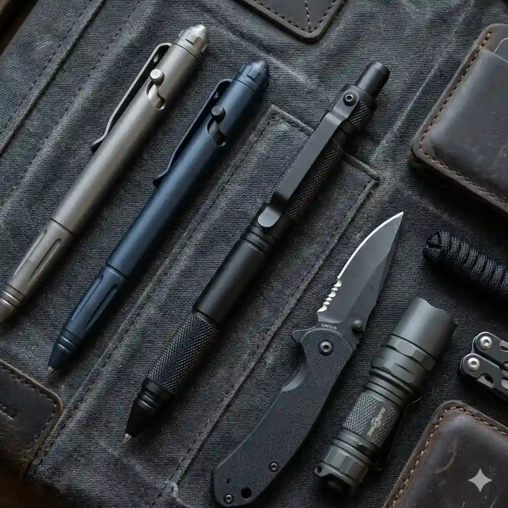 A high-quality collection of the best tactical pen options laid out neatly next to everyday carry survival gear like a pocket knife and flashlight.