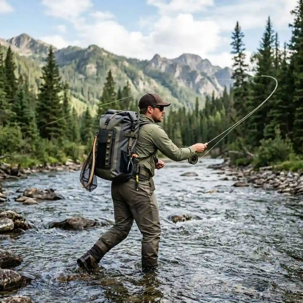 A durable waterproof fishing backpack being worn by an angler standing in a river while fly fishing.
