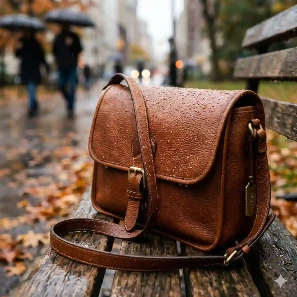A luxury leather handbag covered in fresh raindrops after becoming a wet purse in a rainstorm.