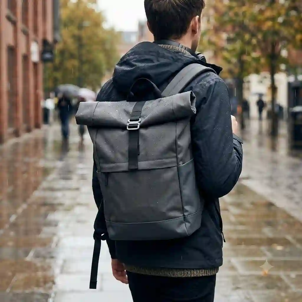 A person wearing a waterproof roll backpack while walking down a rainy city street.