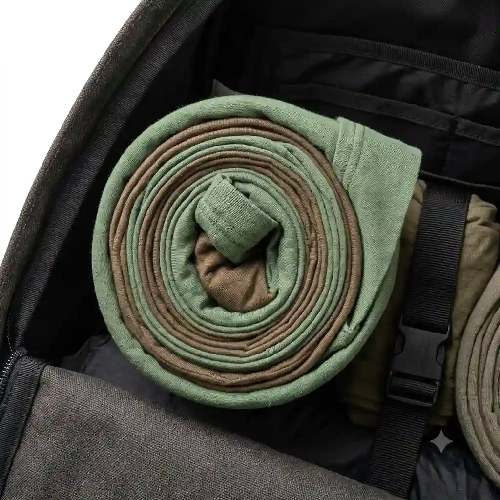 A tightly rolled and compact rucksack roll of clothes neatly packed inside a hiking backpack.