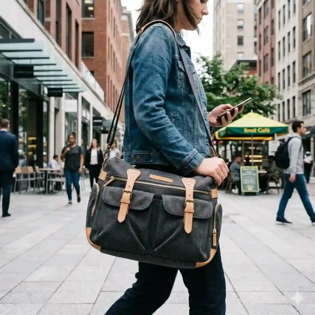 A lifestyle photo of a person carrying a charcoal gray third day bag while walking down a bustling city street.