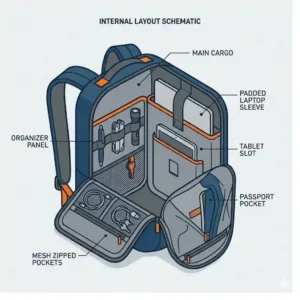 An illustration showing the internal organization compartments of the best edc backpack with dedicated slots for tech gear, pens, and passports.
