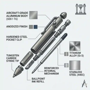 An illustrated infographic diagram breaking down the premium aircraft-grade aluminum body and steel pocket clip of the best tactical pen.