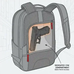 Close-up diagram of the dedicated concealed carry compartment on the back panel of a tactical ccw backpack.