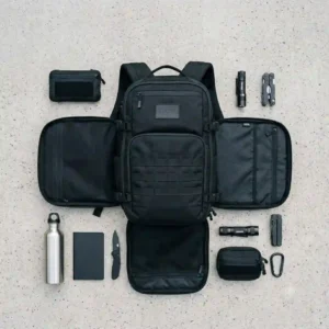 A top-down flat lay view of an edc carry backpack surrounded by essential gear like a laptop, water bottle, flashlight, and notebook.