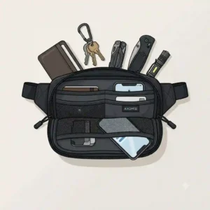 An overhead vector illustration of an edc sling bag surrounded by everyday carry essentials like a wallet, keys, and multi-tool.