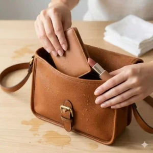 A woman removing a wallet and makeup from a wet purse to inspect it for water stains.