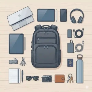 An overhead flat lay view of an everyday carry backpack surrounded by organized tech gear and accessories.
