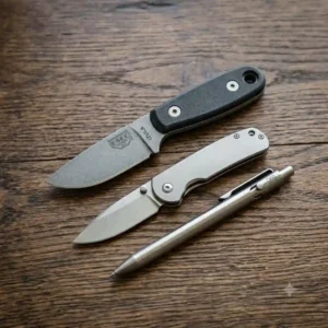 A compact fixed blade edc knife placed next to a standard smartphone and a folding pocket knife for scale.