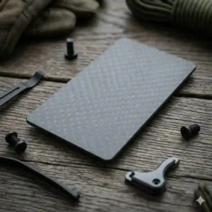 A close-up photograph focusing on the high-tech, textured carbon fiber material of a rugged tactical wallet.
