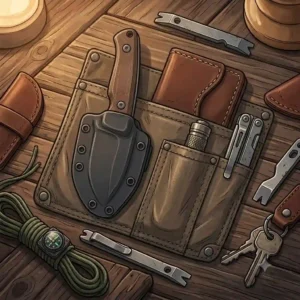 An illustration of a modern everyday carry setup featuring slim edc fixed blade knives alongside a wallet and flashlight.