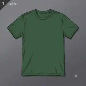 Step 1 of the rucksack roll technique showing a t-shirt laid completely flat on a hard surface.