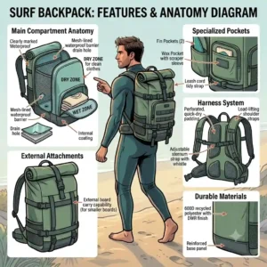 An illustrated diagram showing the key features of a premium surf backpack, including wet-dry compartments and laptop sleeves.