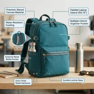 A detailed diagram illustrating the water-resistant material and durable zippers of a teal backpack.