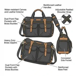 An illustrative diagram showcasing the water-resistant canvas, leather details, and exterior features of the third day bag.