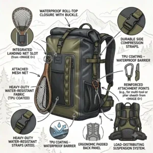 An illustrated diagram showcasing the main external features of a heavy-duty waterproof fishing backpack.