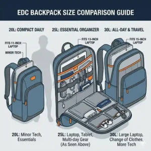 A size guide diagram comparing 20L, 25L, and 30L of the best edc backpack models against a human silhouette to show real-world scale.