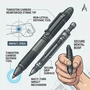 Close-up illustration of a reinforced carbide strike bezel on the best tactical pen designed for self-defense and martial arts.