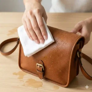Hands gently blotting excess moisture off a wet purse using a soft microfiber towel.