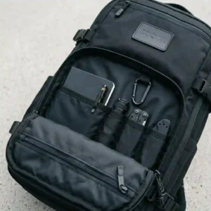 Close-up of the open front compartment of an edc carry backpack showing neatly organized tech accessories, pens, and keys.