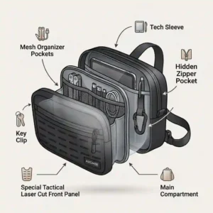 Diagram showing the interior organization, zippered mesh pockets, and compartments of a tactical edc sling bag.