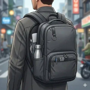 Close-up of a dedicated padded laptop sleeve inside an everyday carry backpack holding a modern device.