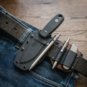 Close-up of a person wearing a fixed blade edc knife in a Kydex sheath positioned horizontally for scout carry on a leather belt.