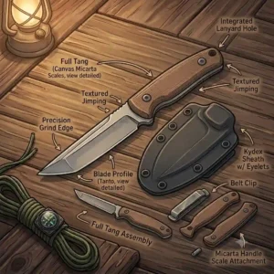 Detailed diagram breaking down the anatomy, full tang construction, and blade profile of edc fixed blade knives.