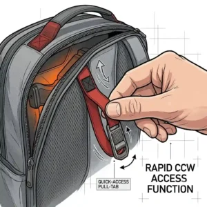 A hand pulling a rapid-access tab to open the firearm pocket of a tactical ccw backpack.