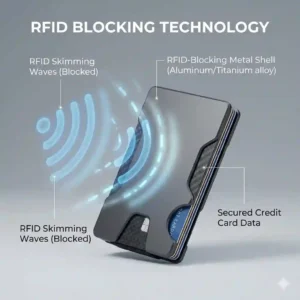 An infographic illustration showing how a metal-bodied tactical wallet blocks RFID skimming signals to protect digital data.