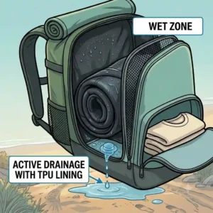 An illustration demonstrating a wet wetsuit packed inside the sealed waterproof compartment of a surf backpack.