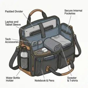 An internal view illustration revealing the third day bag's main compartments, full capacity, and specific storage pockets with labels.